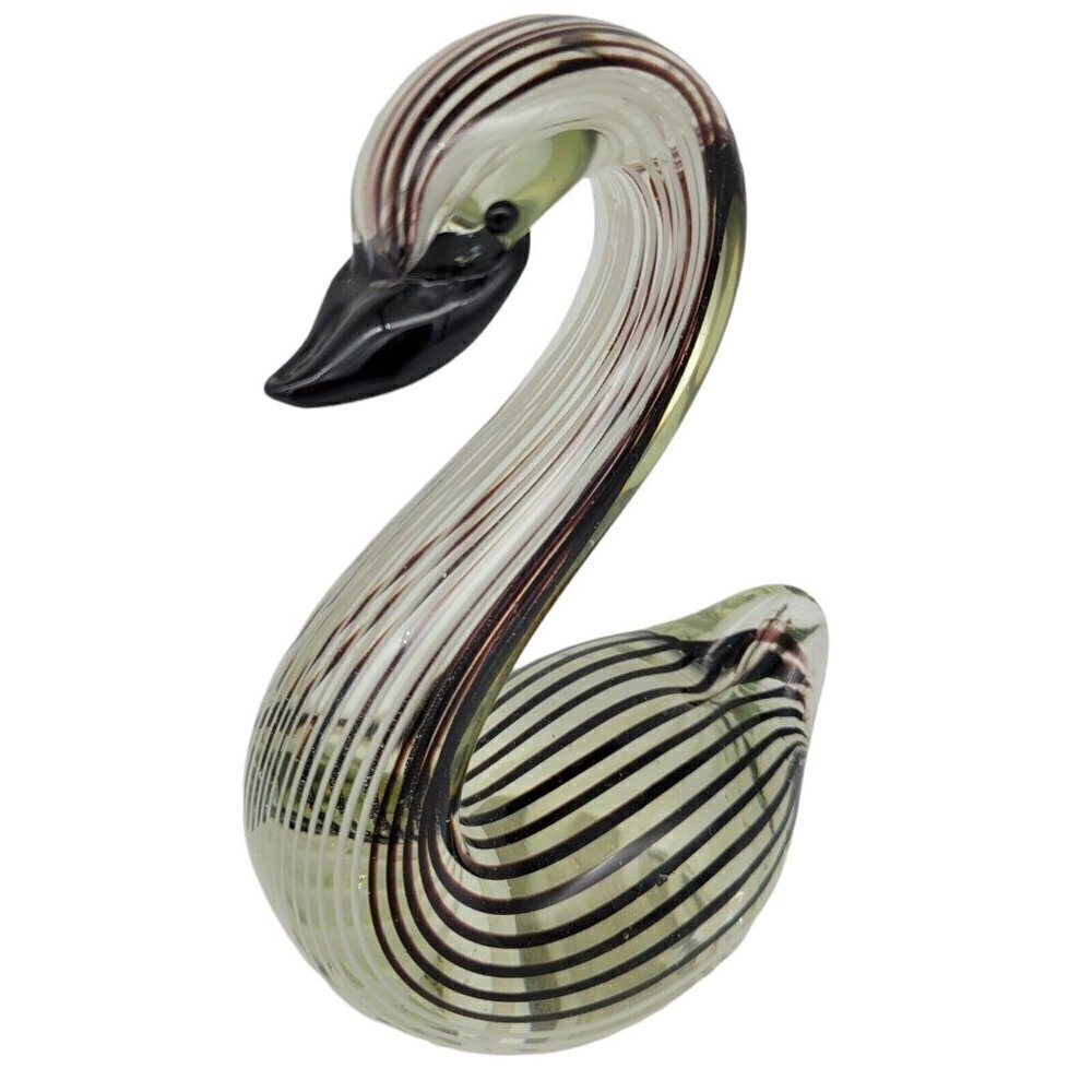 Hand Blown Art Glass Swan Black White Striped On Clear Smooth Pontil Collectable - Picture 6 of 8